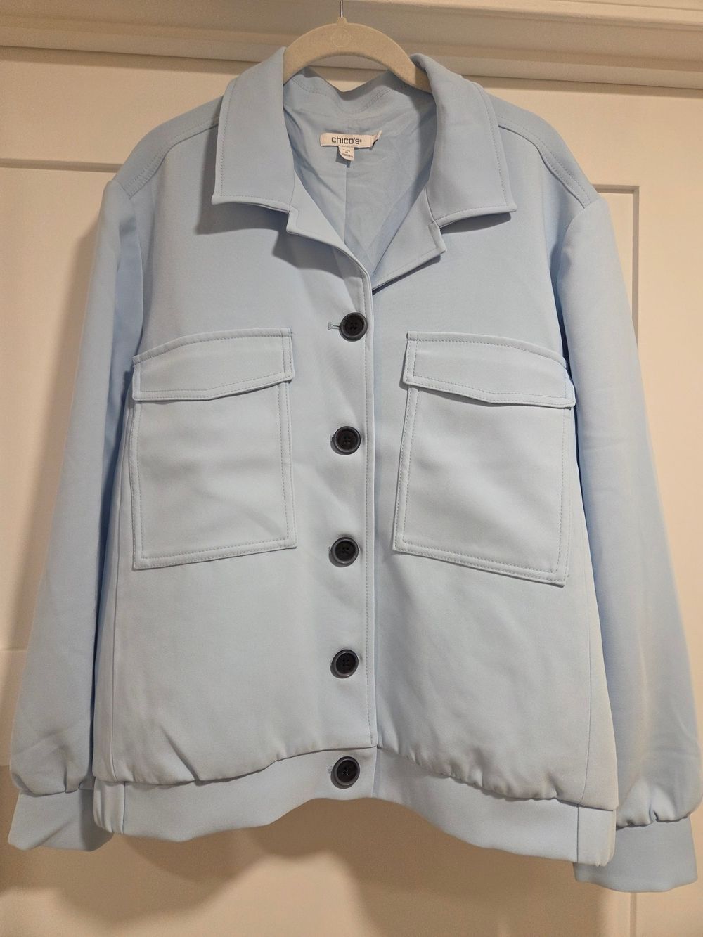 Chico's Shacket Utility Button Jacket Women Size 3 US XL Light Blue Scuba Ponte